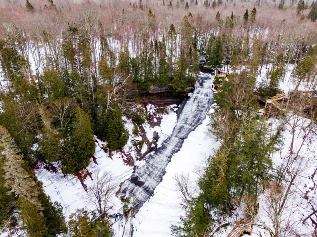 michigan waterfall drone shot in winter