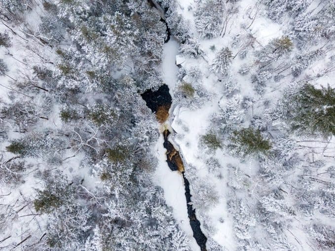 canyon falls and gorge winter drone photo