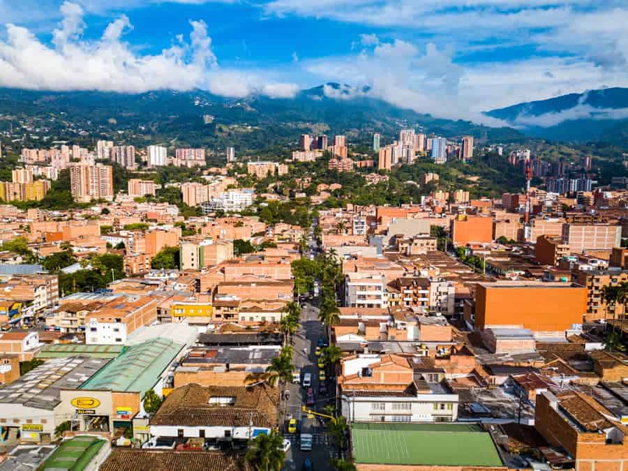 drone photo looking at city of free things to do in medellin