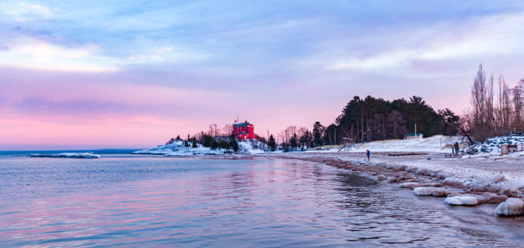 Marquette Mi Photograph of Mccartys Cove in Winter at sunsetDrone