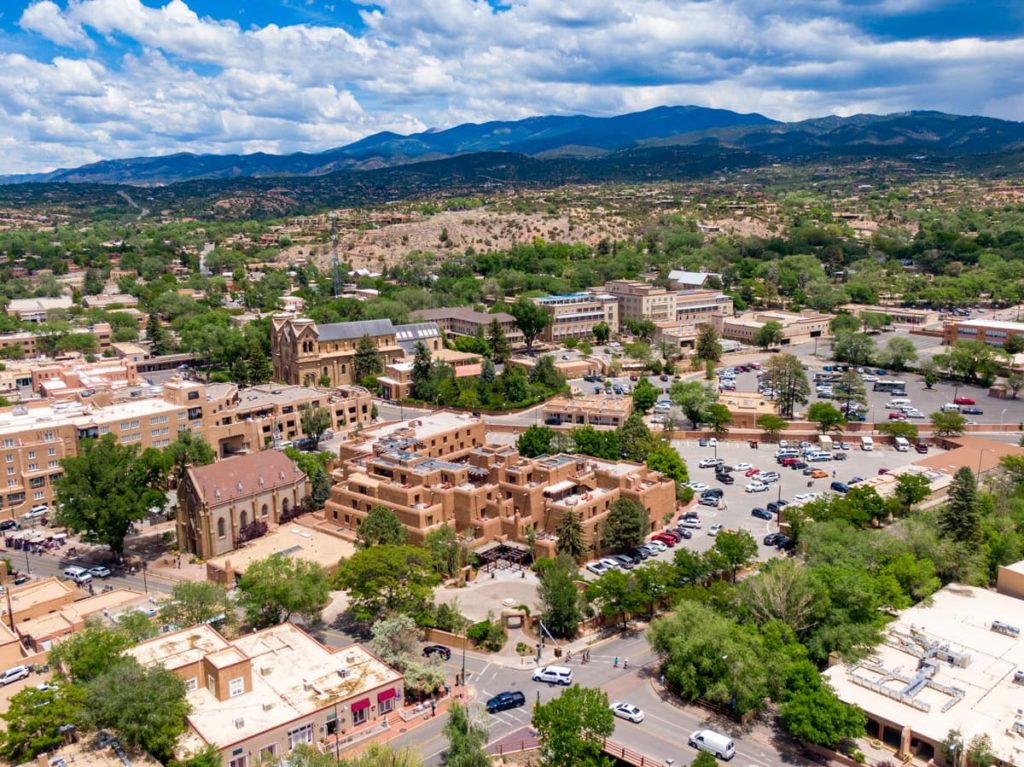 drone photograph of downtown santa fe new mexico in summer