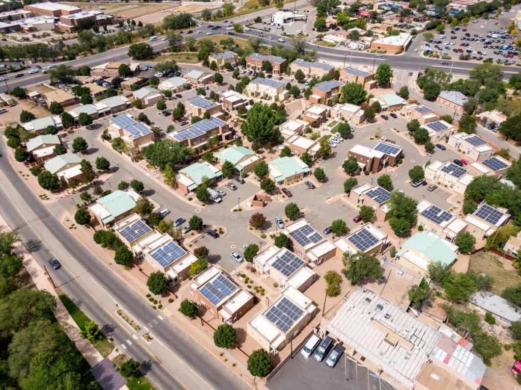 homes in santa fe with solar panels drone photograph