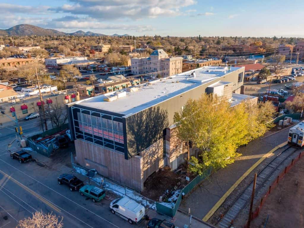 construction drone photo of building in downtown santa fe